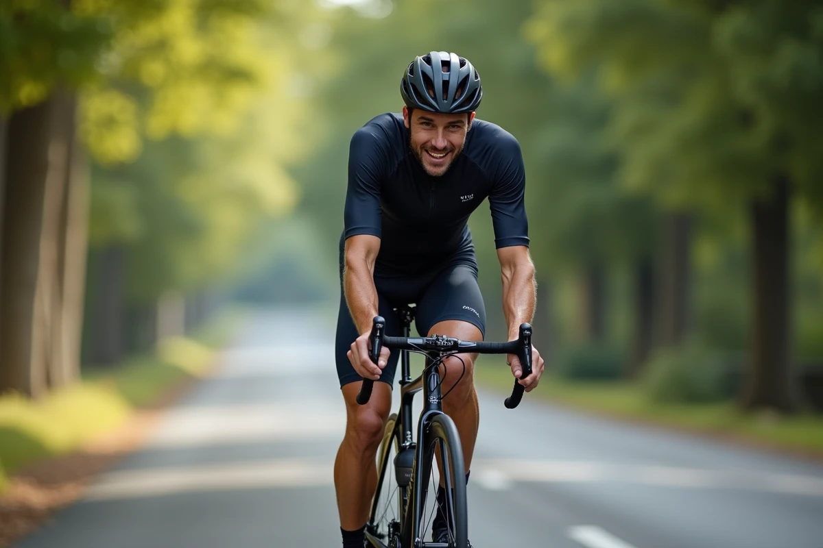 Cycliste sur le Van Rysel RCR en plein effort sur une route asphaltée lors d'une sortie d'entraînement
