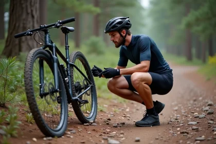 Homme vérifiant la pression de ses pneus de VTT en pleine nature