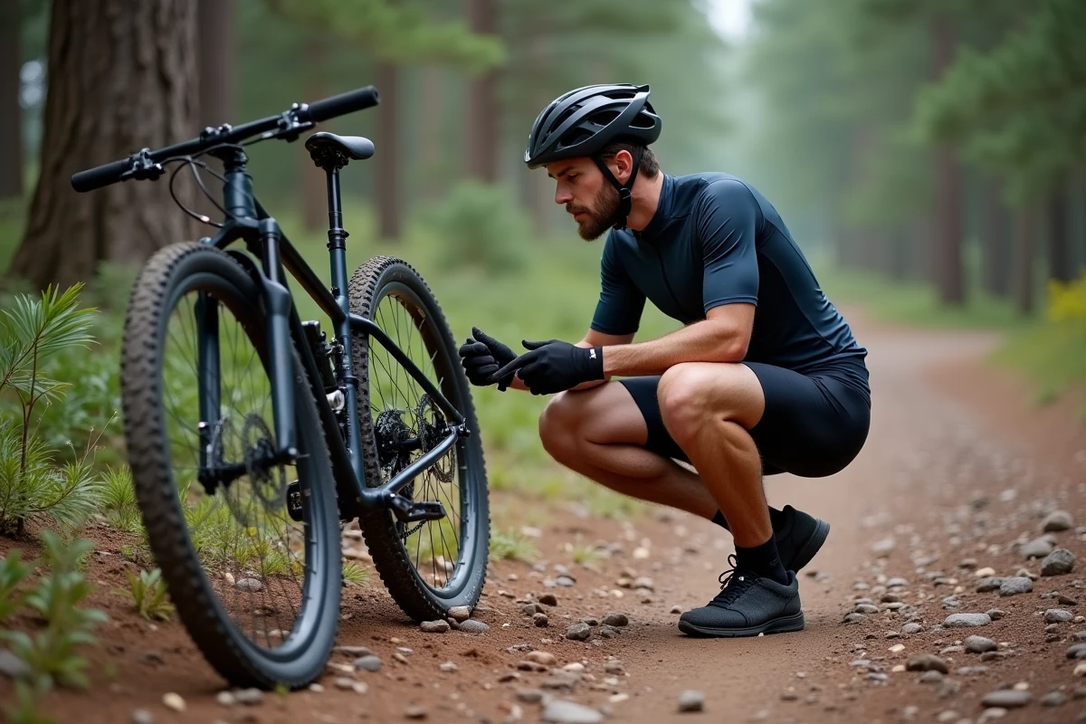 Homme vérifiant la pression de ses pneus de VTT en pleine nature