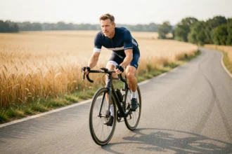 Cycliste sur route en jersey aérodynamique roulant à grande vitesse sur une route de campagne asphaltée bordée de champs de blé dorés