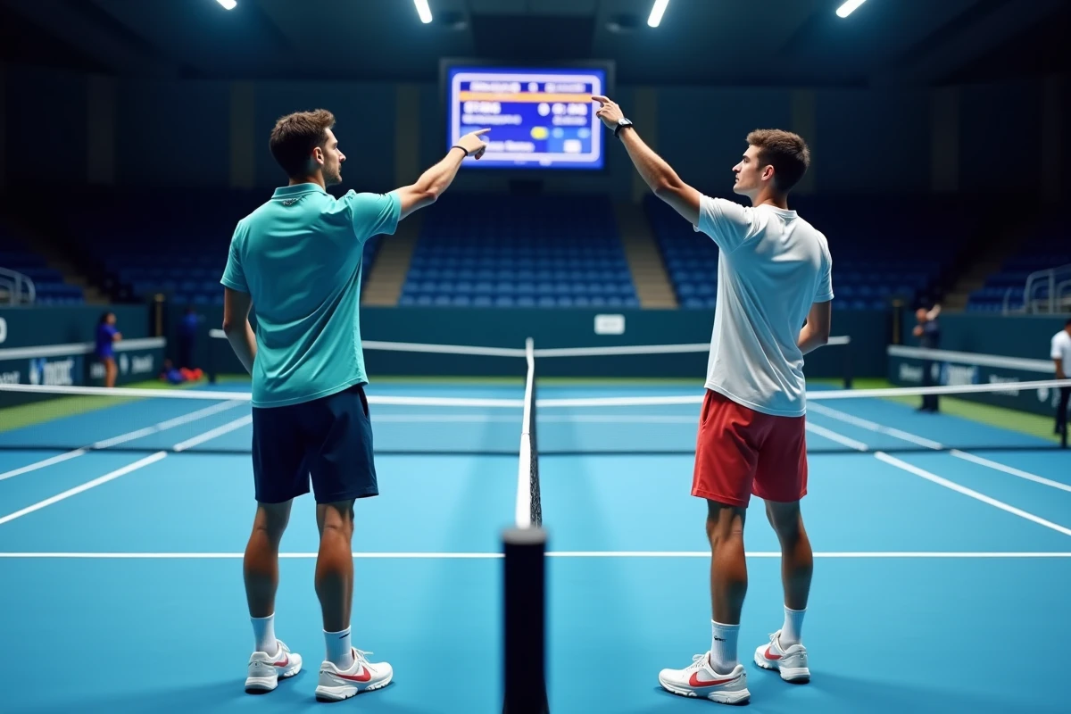 Deux joueurs de tennis observant le tableau de score lors d'un tie-break décisif sur court intérieur en tournoi