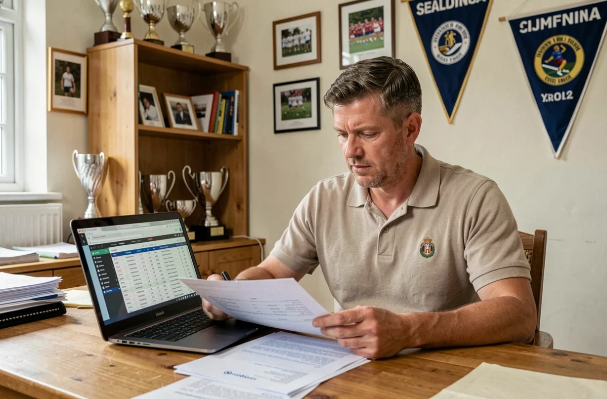 Dirigeant de club de rugby amateur consultant les documents de classement pour comprendre les différences entre la fédérale 3 et l'excellence B