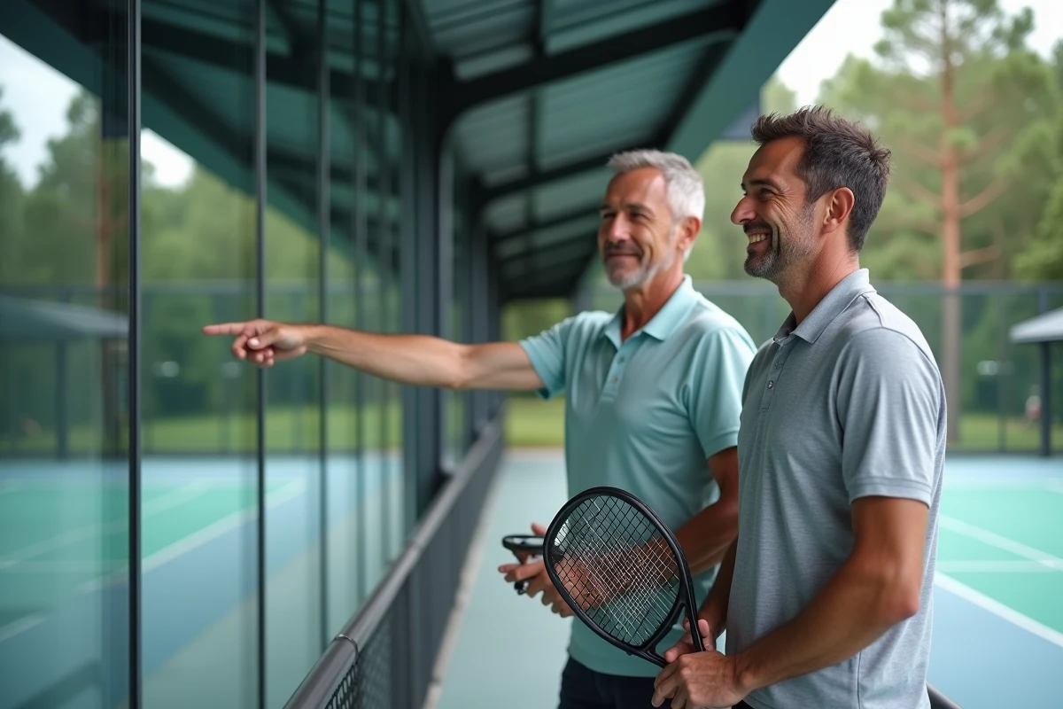 Deux joueurs de padel discutant devant une paroi vitrée panoramique d'un court intérieur donnant sur une forêt de pins