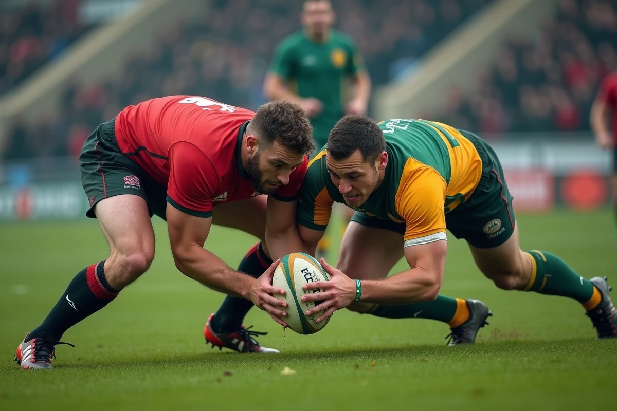 Duel de joueurs de rugby lors d'un ruck en Fédérale 2 poule 4, avec supporters et stade régional en arrière-plan
