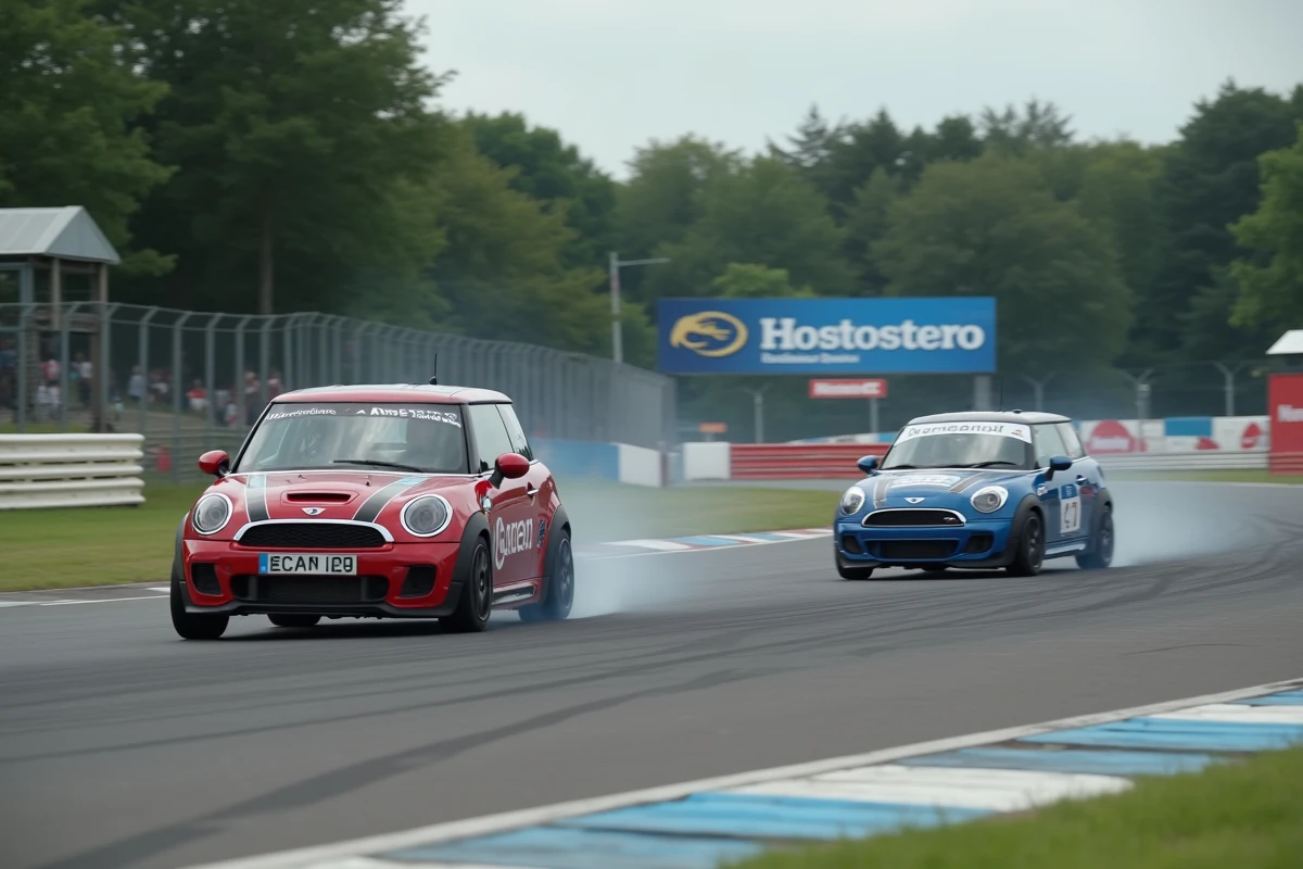 Deux voitures de course en duel dans un virage lors d'une compétition automobile régionale en France