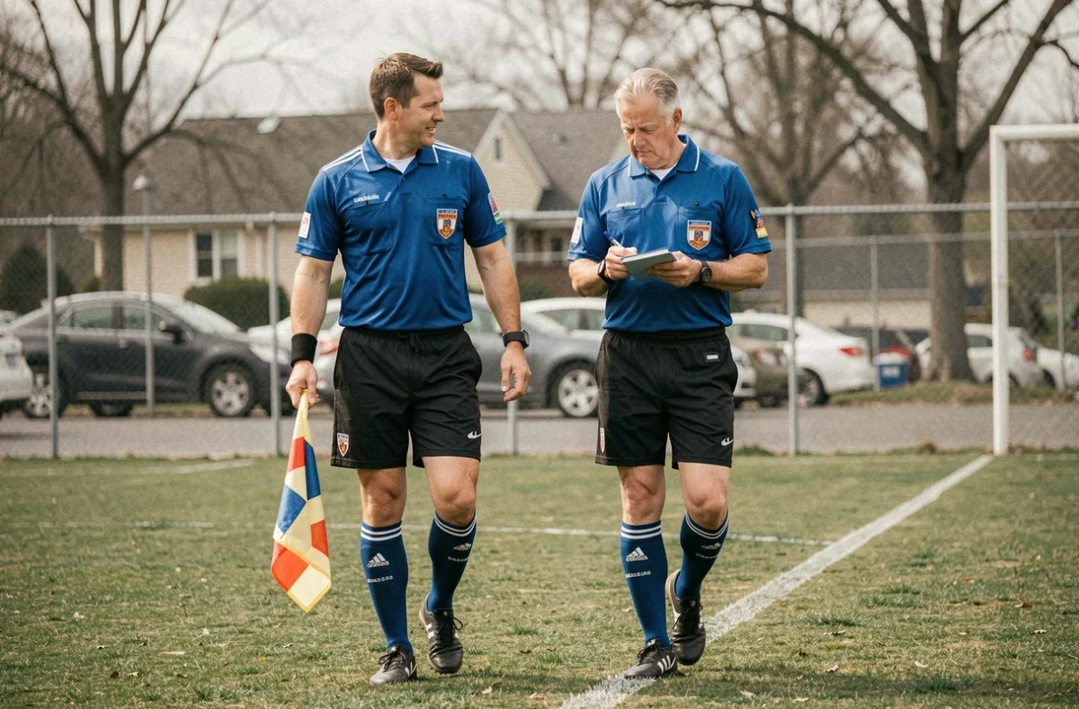 Deux arbitres de football amateurs marchant le long de la touche avant un match de week-end dans un complexe sportif