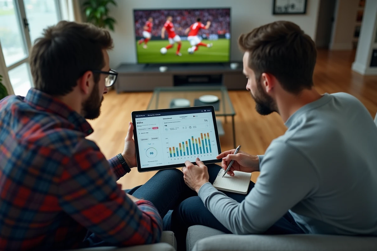 Deux parieurs sportifs découvrant ensemble les fonctionnalités cachées d'Infonet 5 sur une tablette