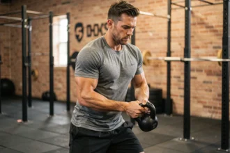 Athlète masculin effectuant un kettlebell swing dans une salle de CrossFit moderne, inspiré de l'entraînement intense de style Goldberg