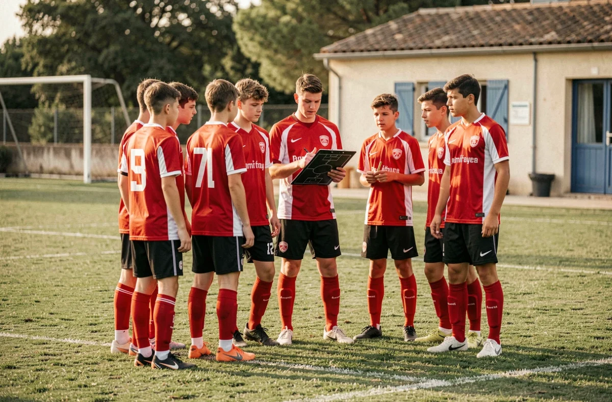Jeunes joueurs de football du district de l'Hérault écoutant les consignes tactiques de leur entraîneur lors d'un entraînement