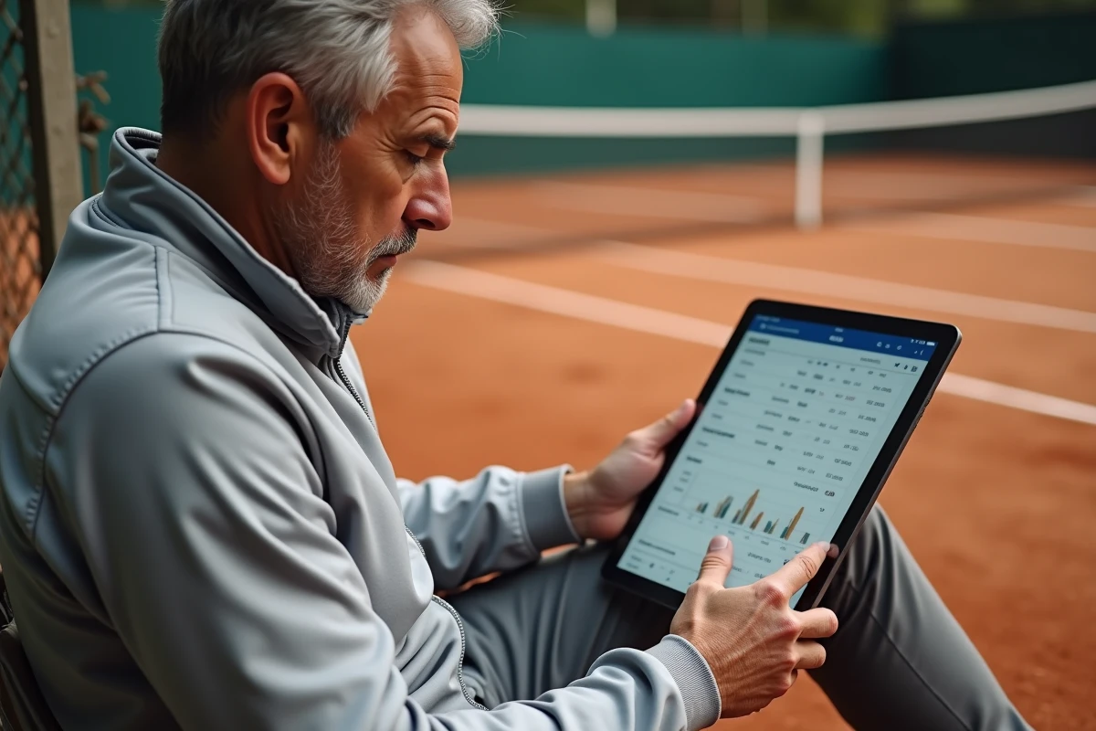 Entraîneur de tennis analysant les points ATP Masters 1000 sur une tablette numérique assis en bord de court en terre battue