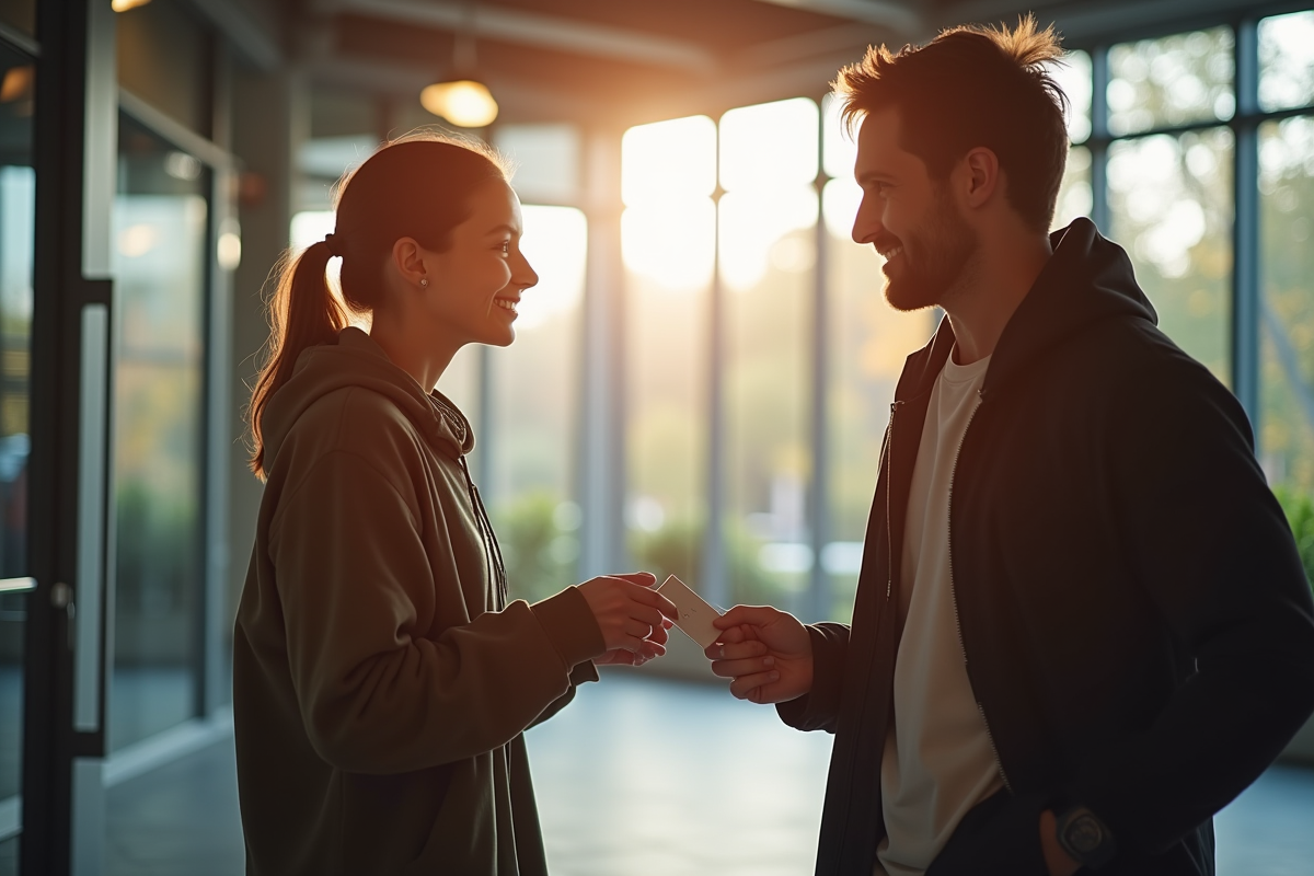 Deux jeunes adultes à l'entrée d'une salle de sport moderne