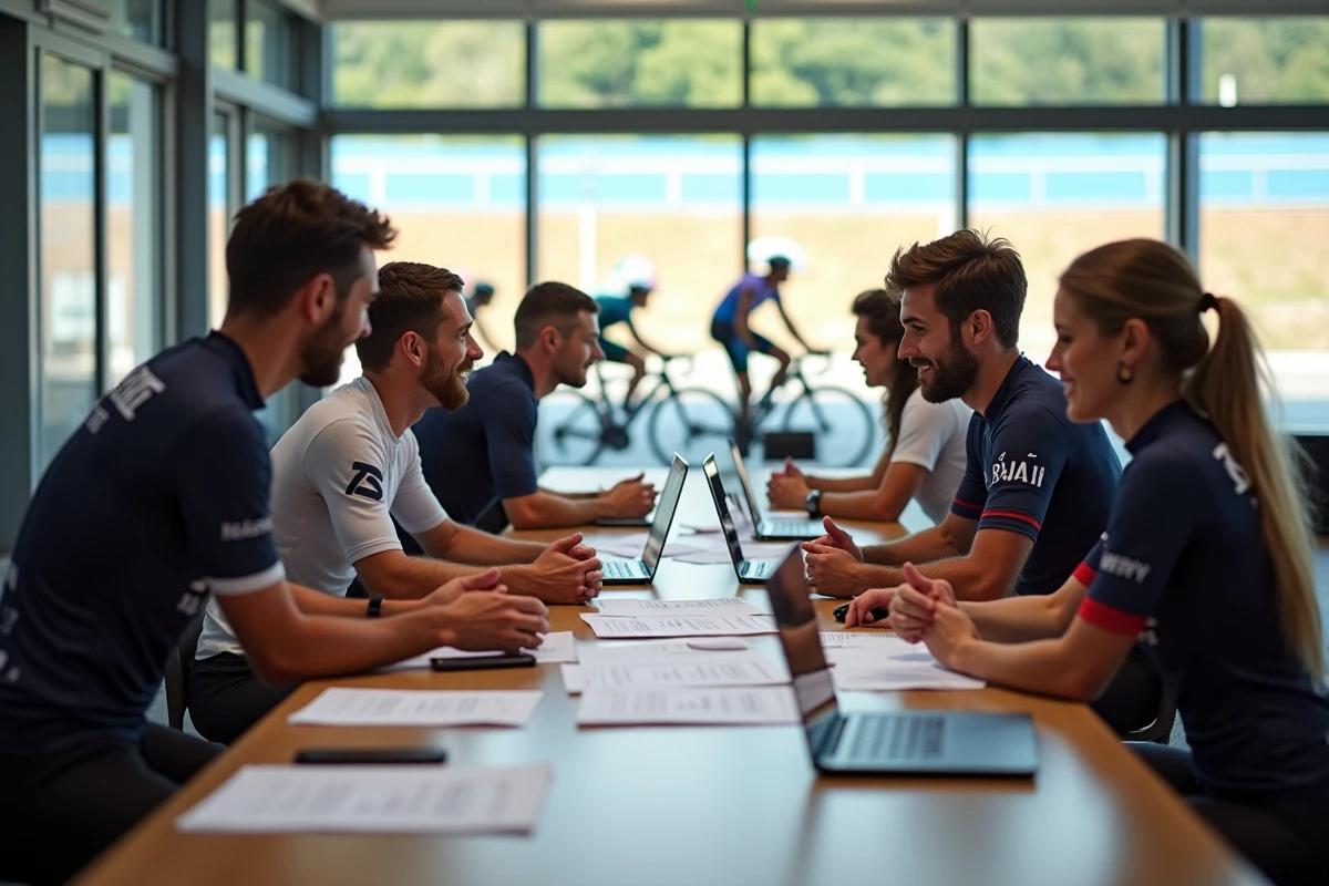 Cyclistes professionnels en négociation dans un lounge moderne