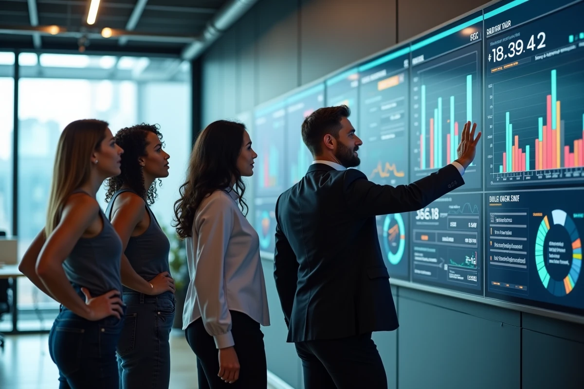 Groupe de collègues discutant devant un tableau digital dans un bureau
