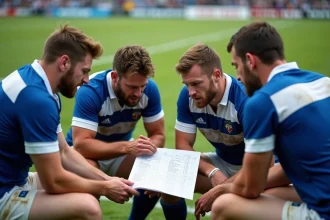 Groupe de joueurs de rugby discutant autour d'une feuille de score