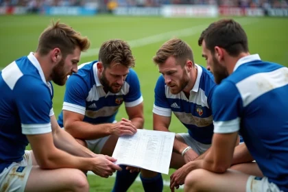 Groupe de joueurs de rugby discutant autour d'une feuille de score