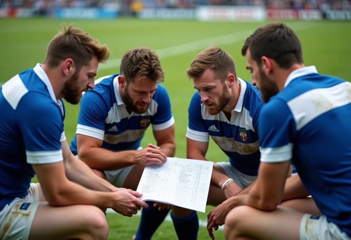 Groupe de joueurs de rugby discutant autour d'une feuille de score