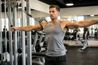 Homme effectuant un exercice unilatéral à la poulie pour corriger les déséquilibres d'épaules dans une salle de sport moderne