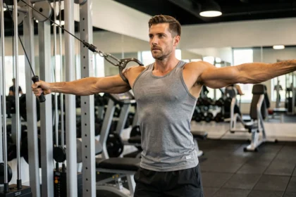 Homme effectuant un exercice unilatéral à la poulie pour corriger les déséquilibres d'épaules dans une salle de sport moderne