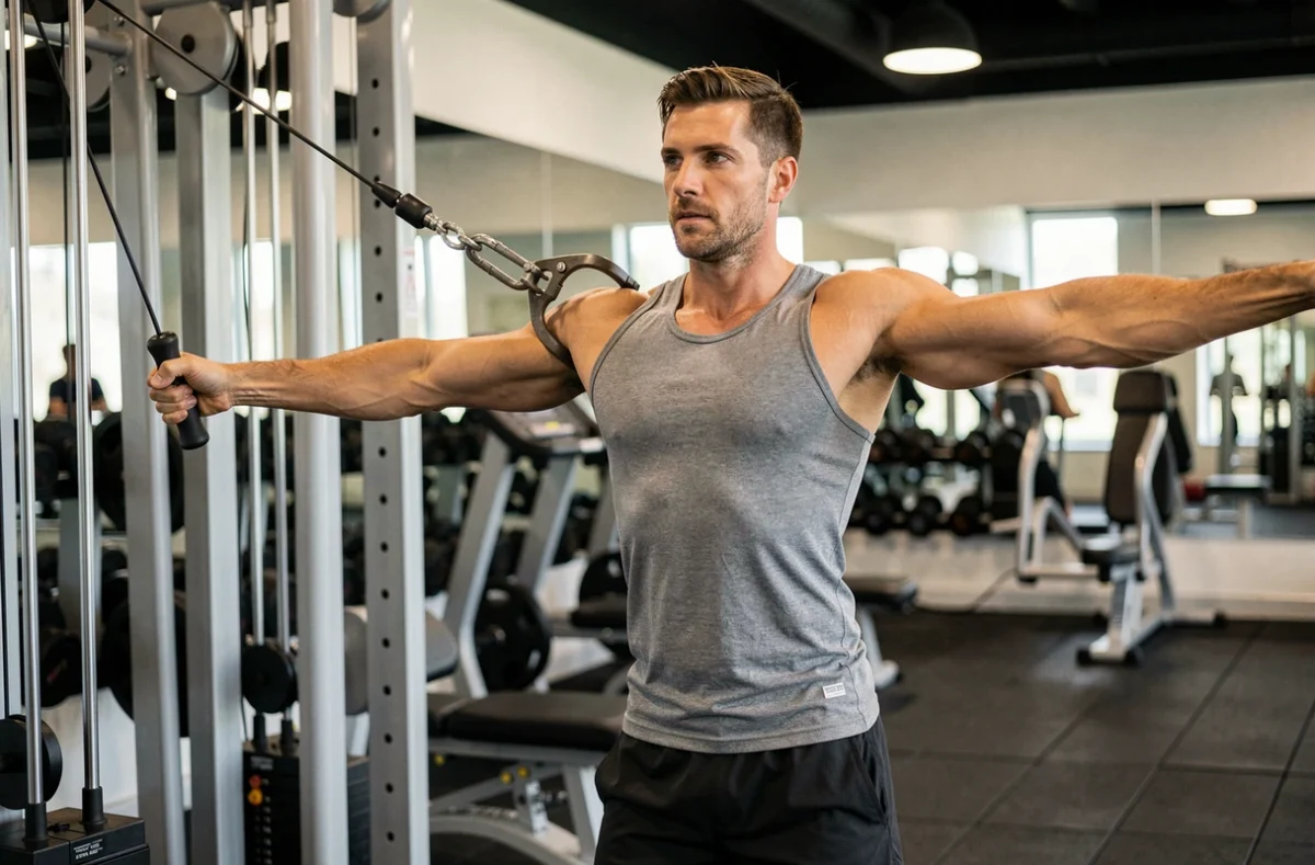 Homme effectuant un exercice unilatéral à la poulie pour corriger les déséquilibres d'épaules dans une salle de sport moderne
