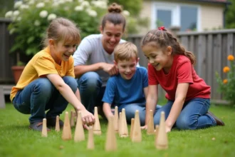Famille souriante jouant au Mölkky dans le jardin