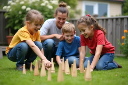 Famille souriante jouant au Mölkky dans le jardin