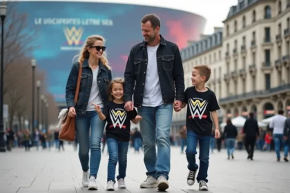Famille à Paris devant une grande arène sportive WWE