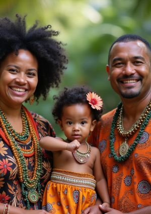 Famille samoane réunie en plein air avec motifs traditionnels