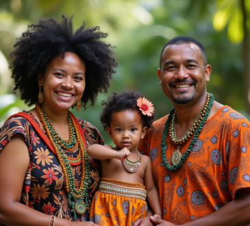 Famille samoane réunie en plein air avec motifs traditionnels