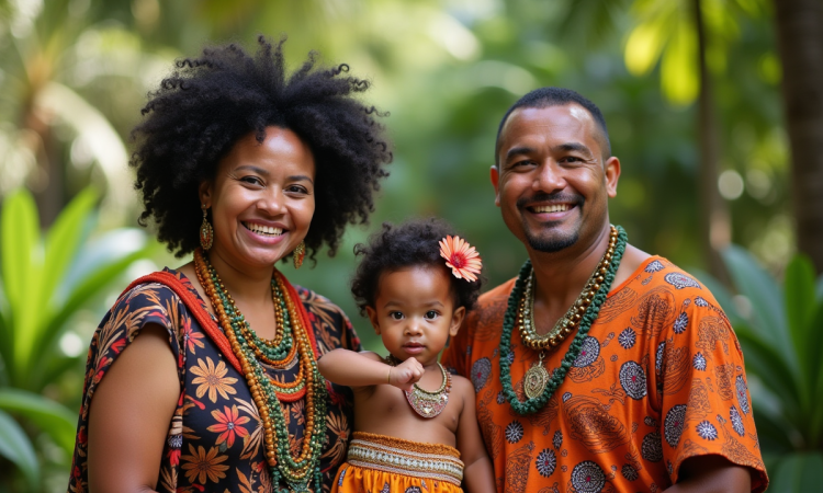 Famille samoane réunie en plein air avec motifs traditionnels