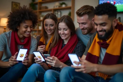 Jeunes fans de football discutant avec smartphones