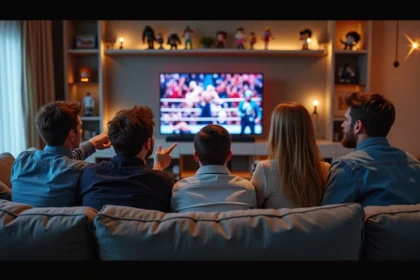 Fans de catch regardant un show WWE dans un salon convivial