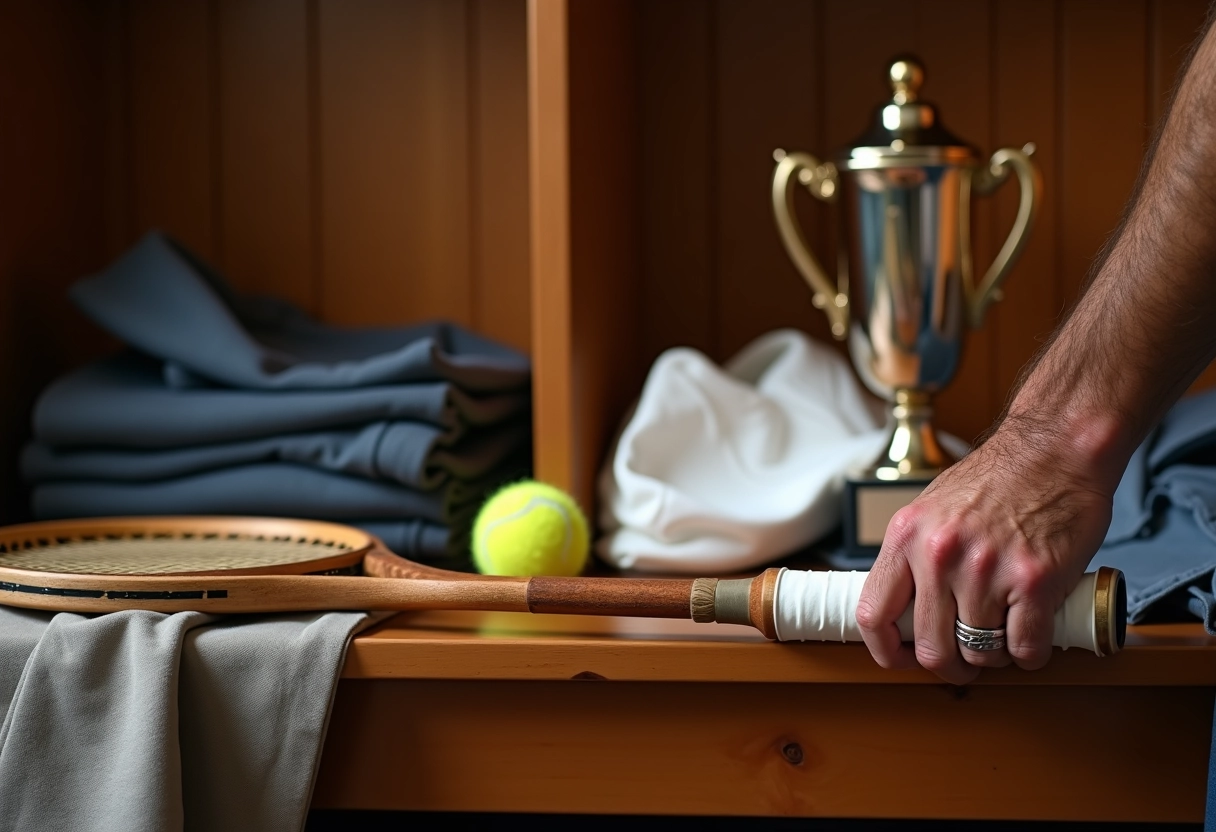 Détail de la main de Federer tenant la raquette avec trophée