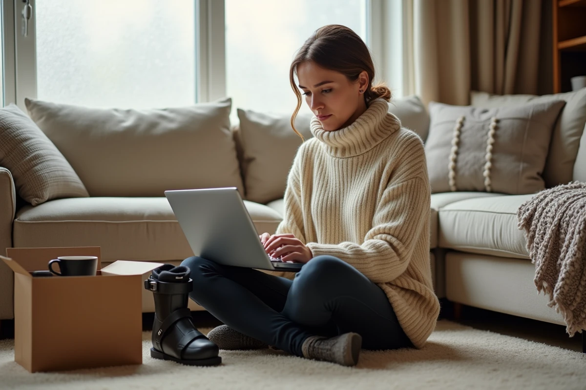 Femme comparant des chaussures de ski pas chères en ligne depuis chez elle, entourée de boîtes de chaussures