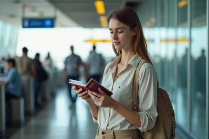 Femme confiante vérifiant son passeport à l'aéroport