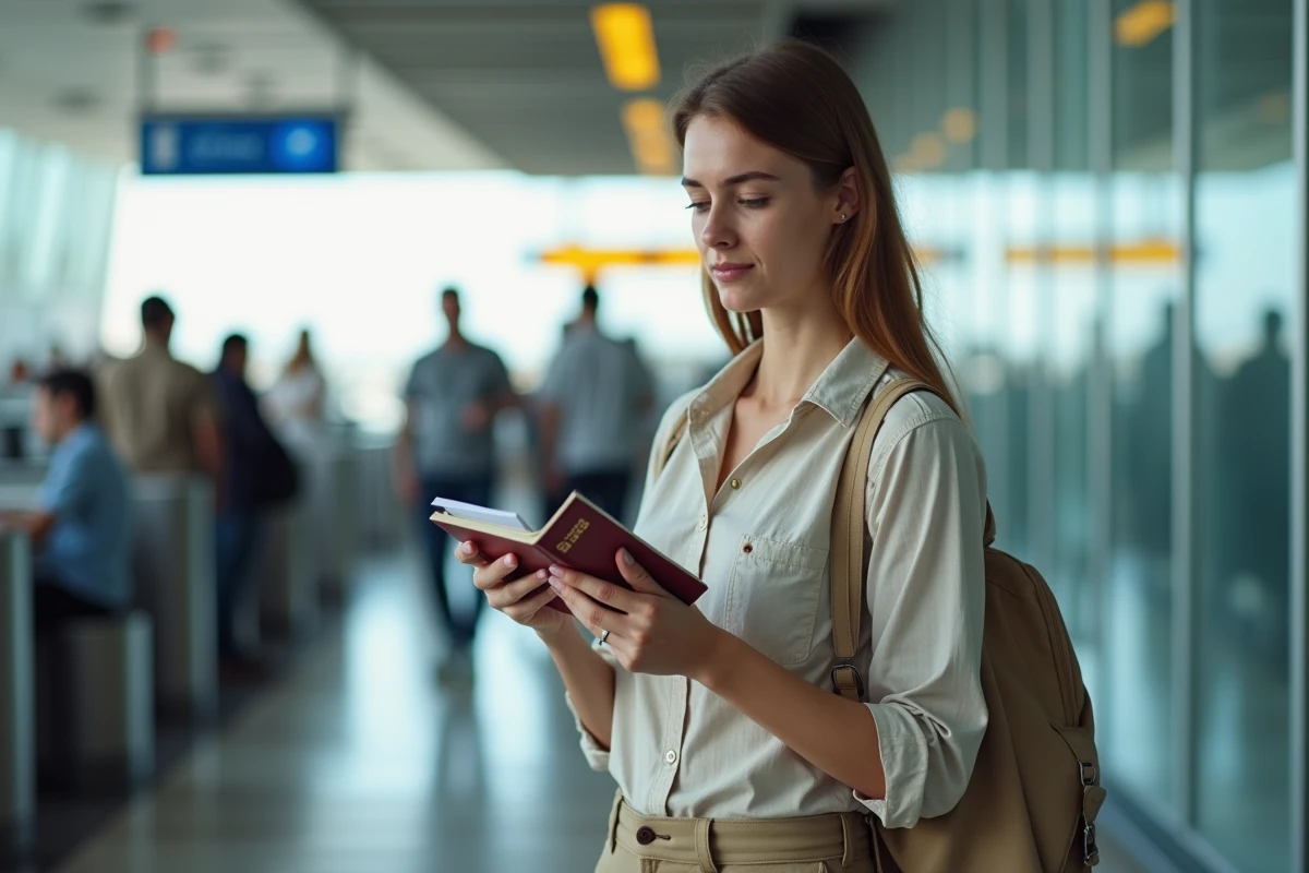 Femme confiante vérifiant son passeport à l'aéroport