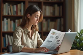 Jeune femme consultant des unes de journaux en PDF sur son ordinateur portable dans un bureau à domicile