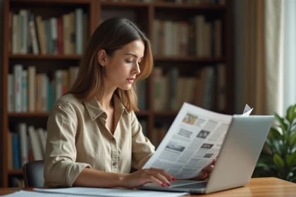 Jeune femme consultant des unes de journaux en PDF sur son ordinateur portable dans un bureau à domicile