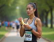 Jeune femme en course peelant une banane avant la course