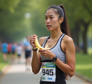 Jeune femme en course peelant une banane avant la course