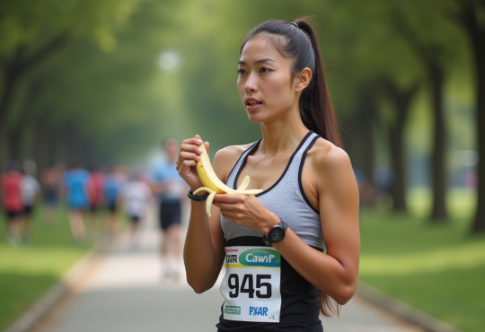 Jeune femme en course peelant une banane avant la course