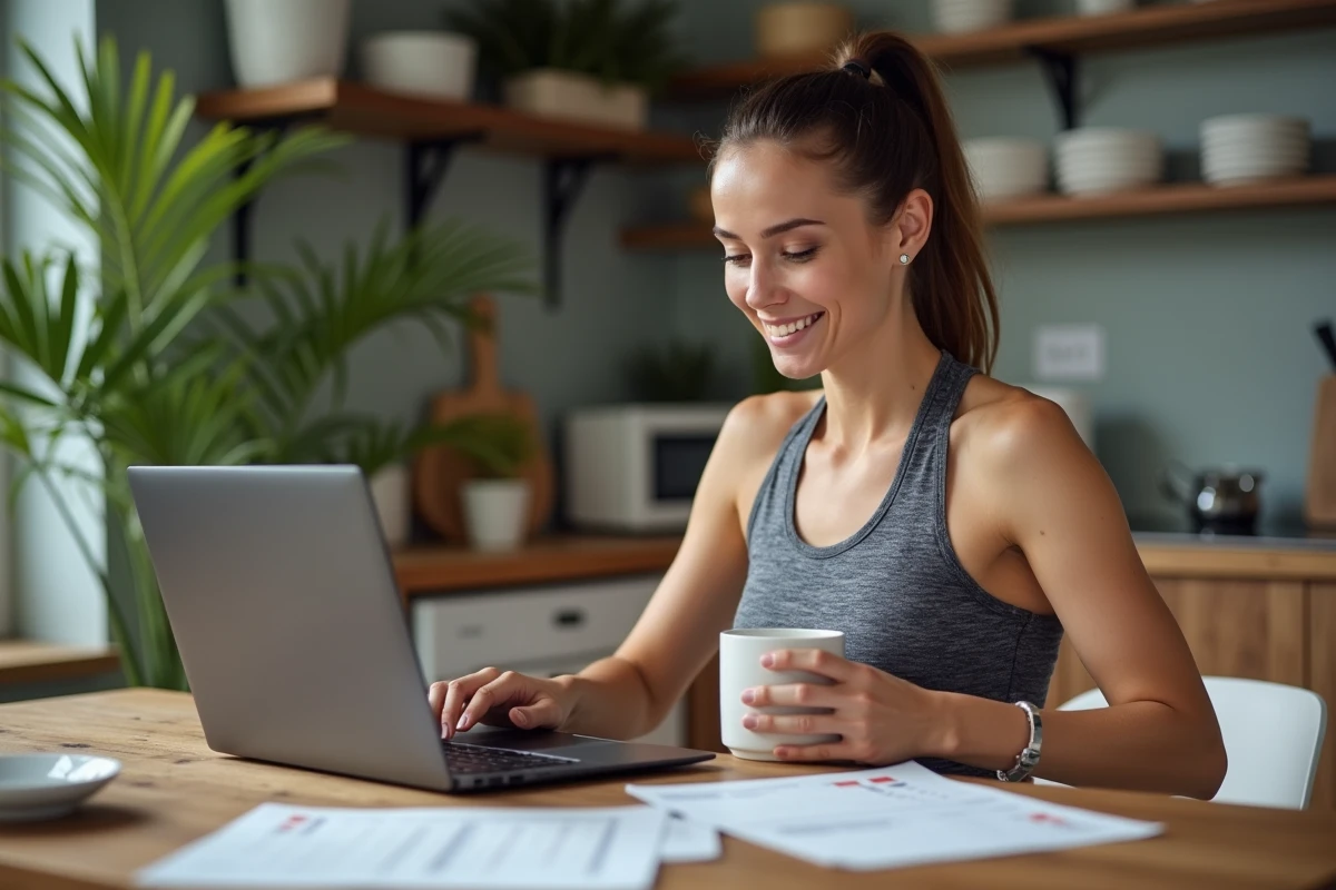 Femme souriante en tenue de sport dans une cuisine moderne