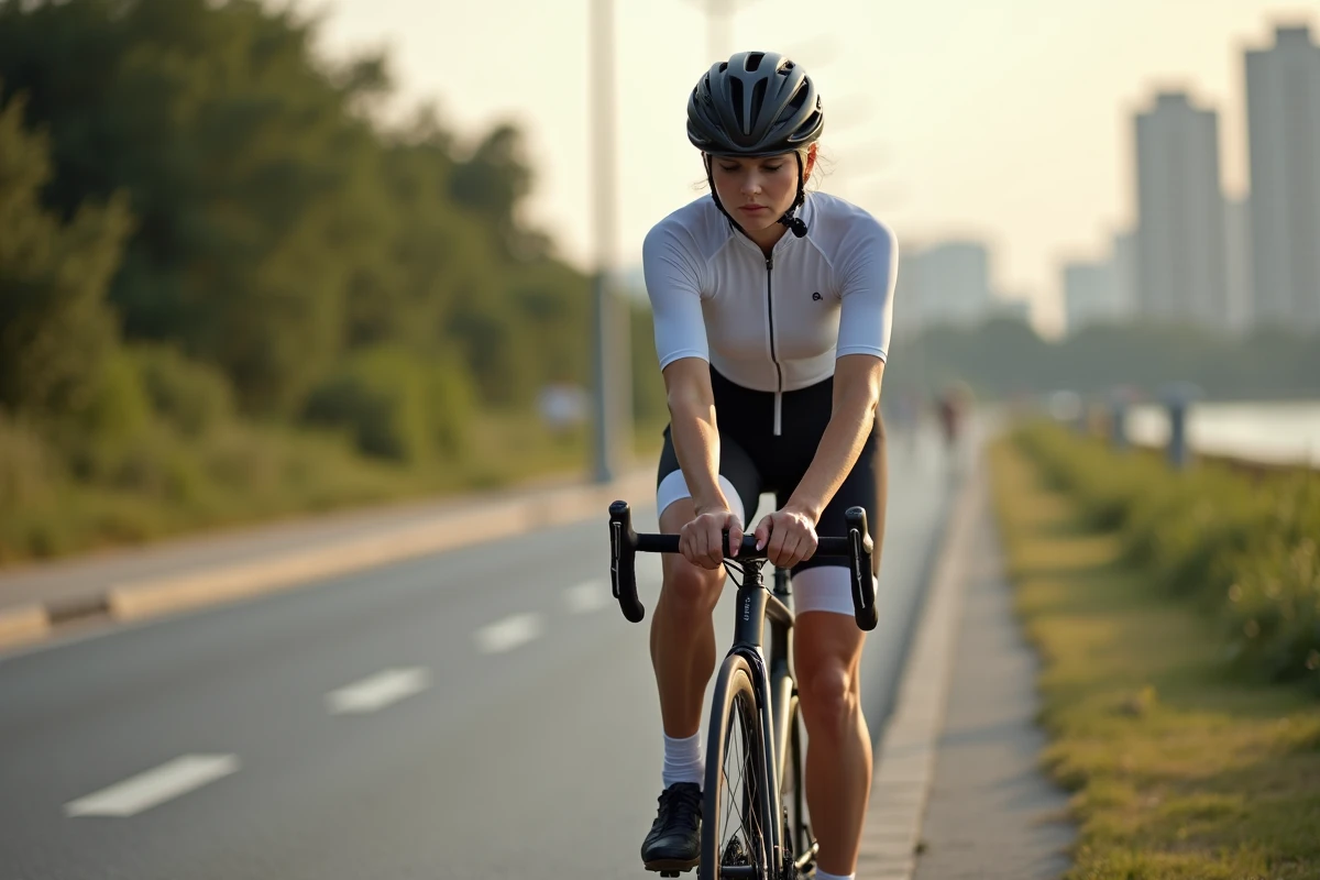Femme cycliste ajustant ses chaussures sur son vélo