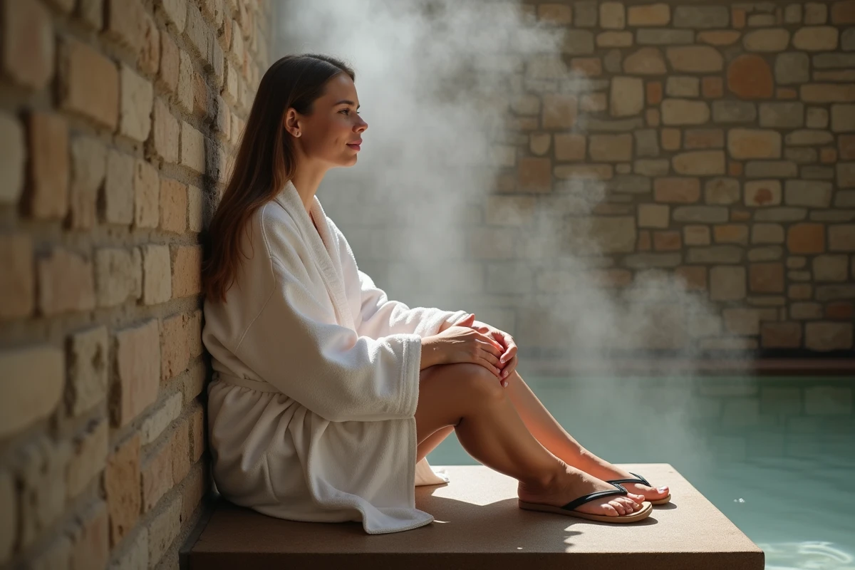Femme en peignoir blanc se détendant dans un hammam traditionnel parisien avec murs en pierre et vapeur douce