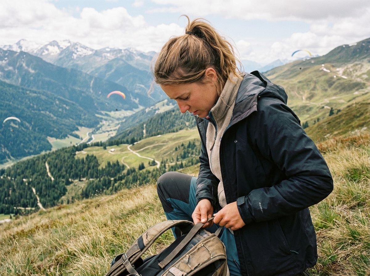 Femme ajustant son harnais de parapente en montagne