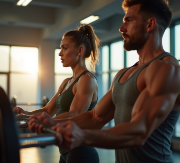 Femme et homme soulevant des poids dans une salle moderne