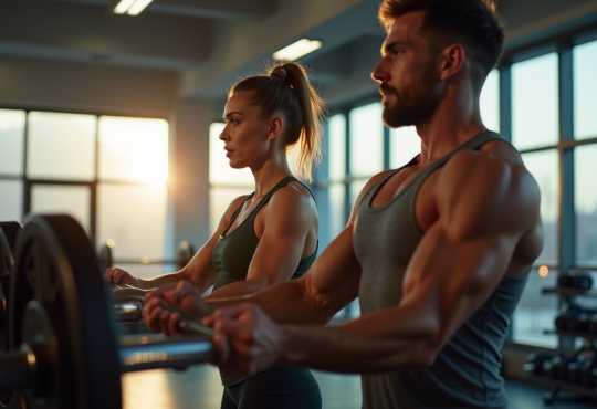 Femme et homme soulevant des poids dans une salle moderne