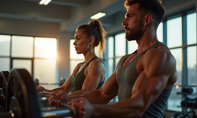 Femme et homme soulevant des poids dans une salle moderne
