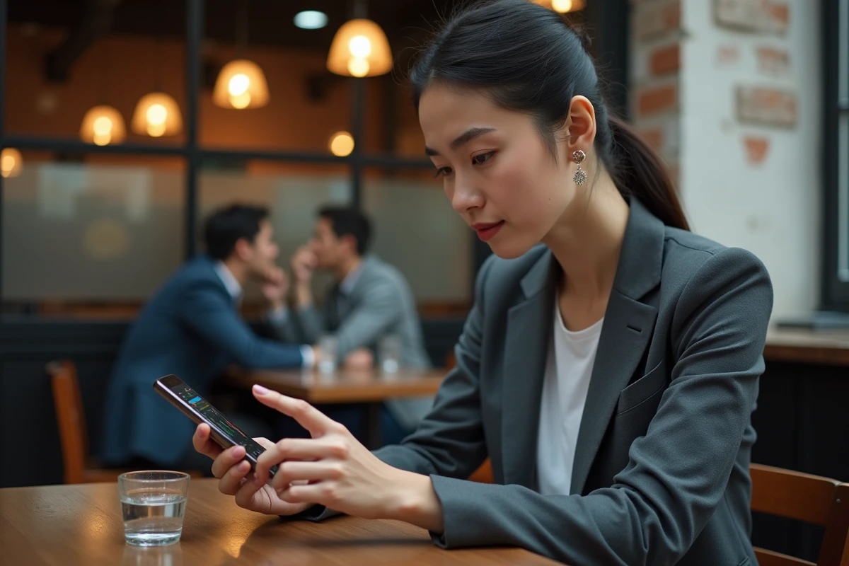 Femme utilisant Infonet 5 sur smartphone dans un café pour consulter des cotes de paris en temps réel