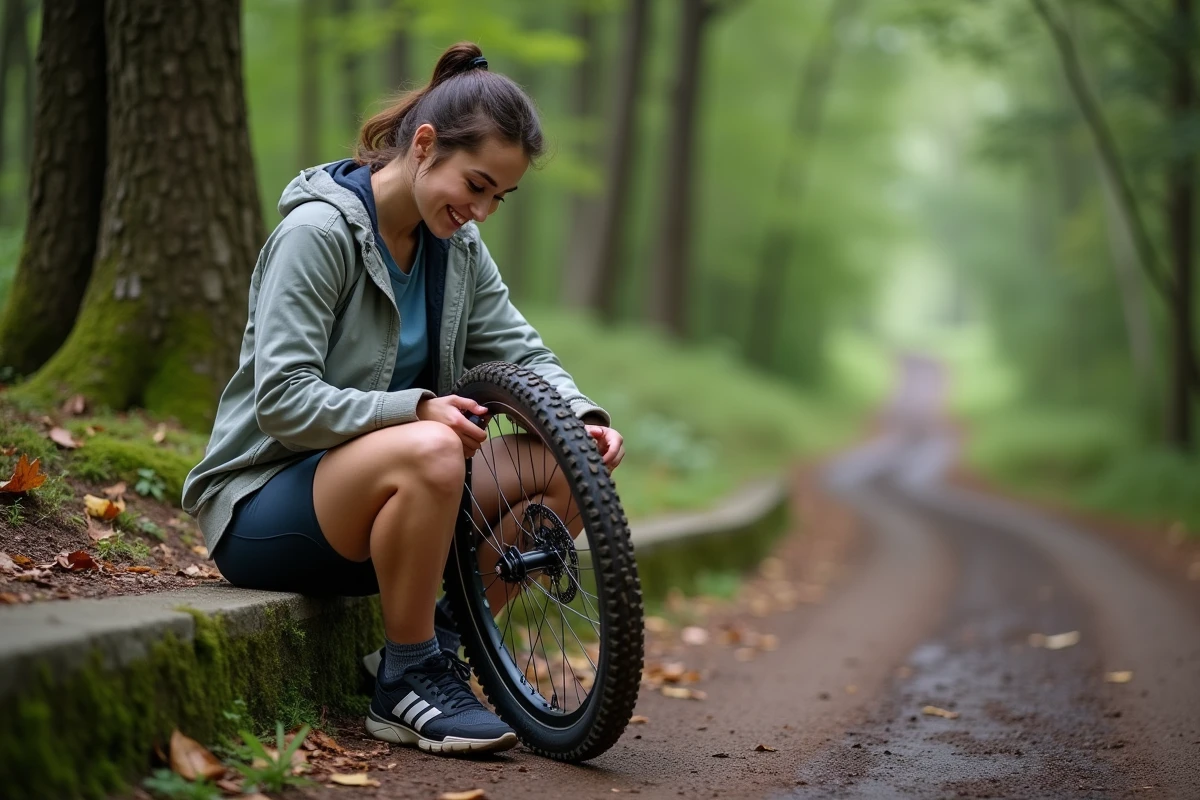 Jeune femme inspectant son pneu de VTT sur un sentier forestier