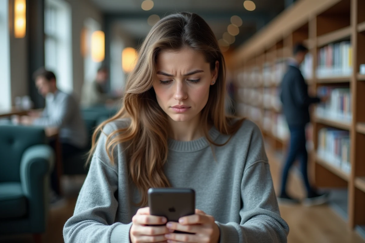 Jeune femme dans une bibliothèque utilisant son smartphone